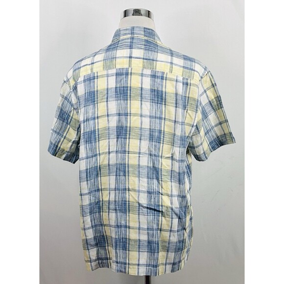 Tommy Bahama XL 100% Linen Hawaiian Lounge Shirt Blue Yellow Plaid Short Sleeve - Picture 4 of 4